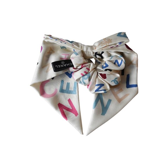 Chanel Silk Hair Tie with Letter Scrunchie Ivory